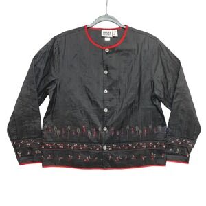 Chicos Design Jacket Size 1 Black 100% Silk Embroidered Floral Button Front
